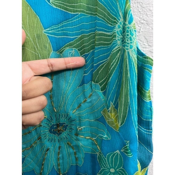 VINTAGE MAGGY LONDON TEAL BLUE FLORAL SLEEVELESS ASYMMETRICAL LAYERED DRESS 12 - Picture 6 of 10